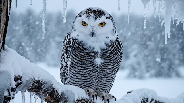 Snowy owl perched on a branch.