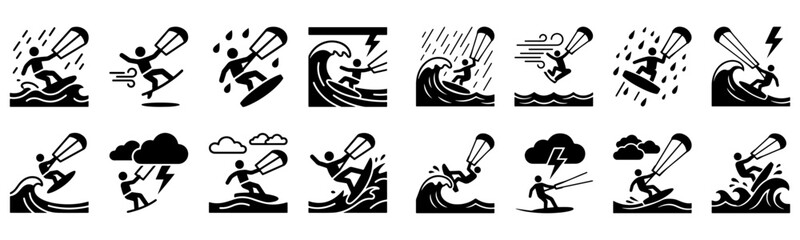 Extreme water sports silhouette icons set featuring surfers riding huge waves kitesurfing windsurfing and wakeboarding graphics © Nayan