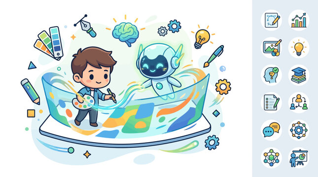 Cute chibi boy and small robot collaborating on a digital screen interface for creative graphic design projects with icons for art, technology, and artificial intelligence.