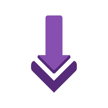 A simple purple arrow pointing downwards, isolated on a white background, symbolizing direction or a download action.