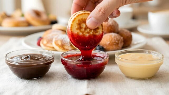Hand Dipping Mini Pancake Into Berry Sauce, Three Dipping Sauces, Macro Food Close-Up Video