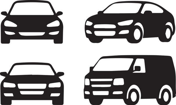 Simple car icon collection isolated on a white background. Front view symbol of auto, vehicle, automobile, sedan, van. Transport, car sharing, or delivery concept icons. Flat style vector illustration