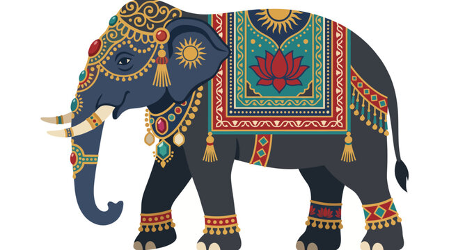 Decorated Indian Elephant with Traditional Ornaments and Lotus Pattern on Isolated White Background