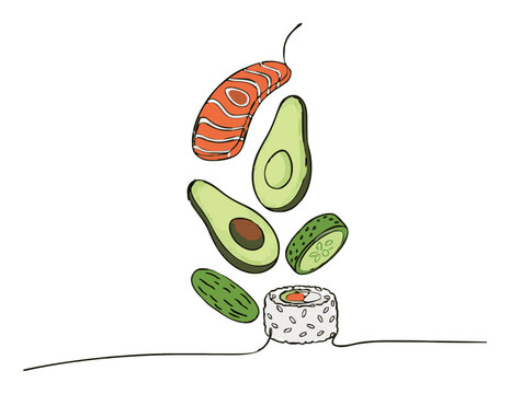 Sushi roll floating ingredients continuous line art. Generative AI