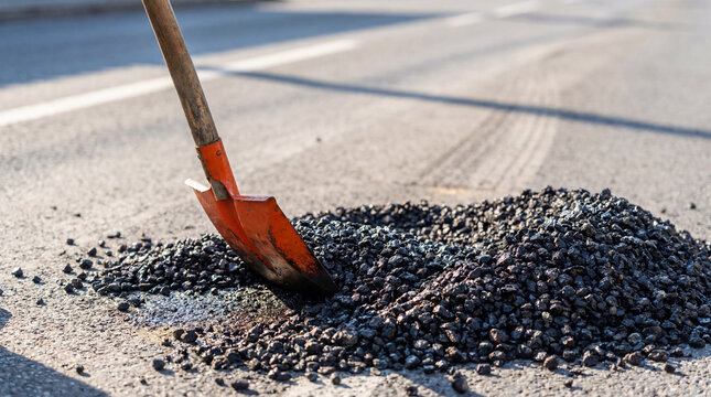 A shovel positioned in a pile of asphalt aggregate on a road, symbolizing construction and road repair work