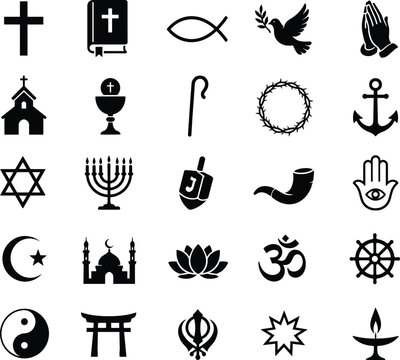 Hanukkah Global Religious and Spiritual Symbols Vector Icon Set - Including Christianity, Judaism, Islam, Buddhism, Hinduism, and Sikhism Graphics for Educational, Creative and Web Design Projects