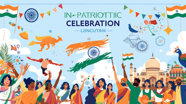 A vibrant illustration of a patriotic celebration in India, featuring diverse people cheering with Indian flags, iconic landmarks, and festive decorations.