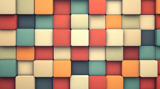 Vibrant 3d cube mosaic background with multicolored squares in red orange teal and beige tones for design and decoration