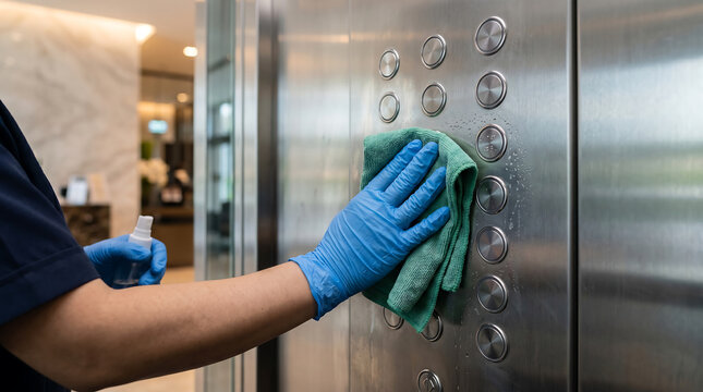 Janitor Wiping Stainless Steel Elevator Button Panel with Green Microfiber Cloth and Spray Bottle Wearing Blue Gloves in Luxury Hotel Lobby Disinfection Service