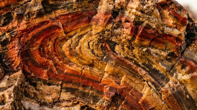 Close up of petrified wood surface showcasing mineral banded textures