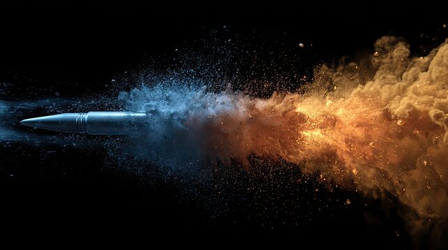Speeding bullet with gunpowder smoke trail, dynamic explosion effect 3D render
