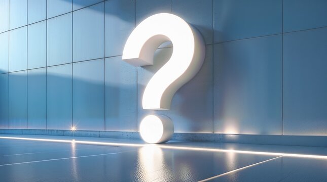 A massive glowing white question mark stands dramatically against a polished luxurious navy blue wall, creating a striking visual symbol of curiosity, urgency, important alerts, and powerful call