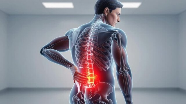 Man suffering from lower back pain highlighted with skeletal and muscle anatomy in medical concept