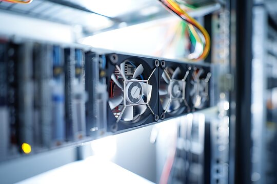 Close-up illuminated computer cooling fans and heat sinks inside modern desktop PC case featuring futuristic hardware, thermal performance, RGB lighting, circuitry, airflow, and technology aesthetics.