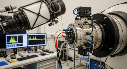 Obraz premium Advanced scientific research equipment with monitors displaying complex data in a modern laboratory setting