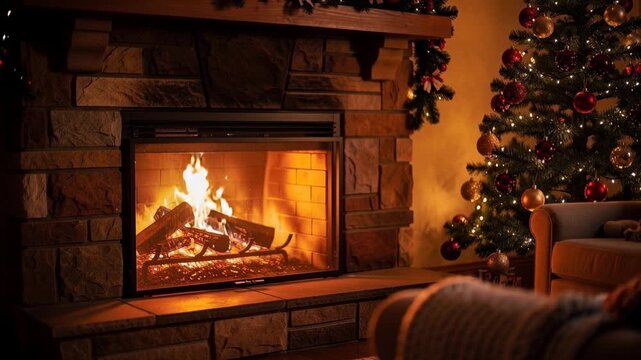 Cozy living room with burning fireplace and decorated Christmas tree for holiday season