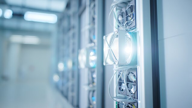 Close-up illuminated computer cooling fans and heat sinks inside modern desktop PC case featuring futuristic hardware, thermal performance, RGB lighting, circuitry, airflow, and technology aesthetics.