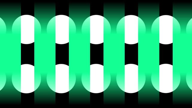 Black and white striped rounded pillars alternate rhythmically against a green background creating a bold high-contrast visual pattern