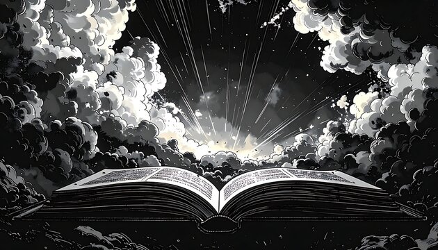 Dramatic illustration of an open book under celestial sky