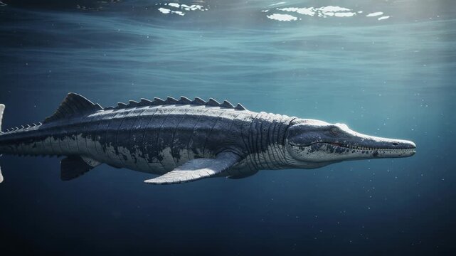 Underwater prehistoric marine reptile swimming in deep ocean with sun rays penetrating water