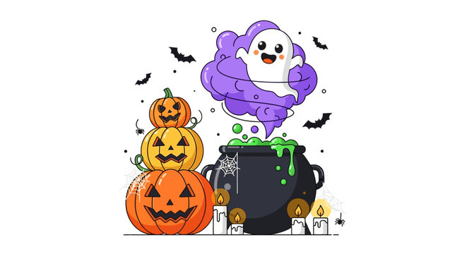 Friendly Ghost Emerging From Purple Cloud Above Cauldron and Stacked Pumpkins With Candles Bat Icons and Spider Webs