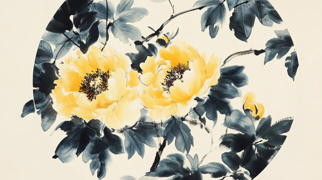 Circular watercolor painting yellow peonies dark brown centers dark green black foliage branches loose fluid brushstrokes characteristic traditional Chinese brush painting varying shades yellow black 