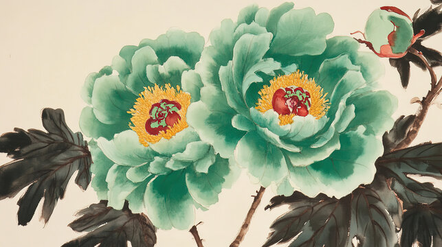Chinese watercolor circle two large green peonies yellow red centers small bud dark leaves light beige background sumi e style gradients