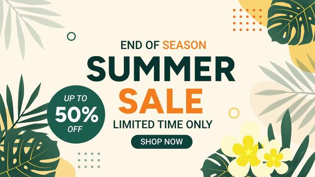 Summer Sale Promotion Animation Tropical Leaves Discount Banner Modern Advertising Background