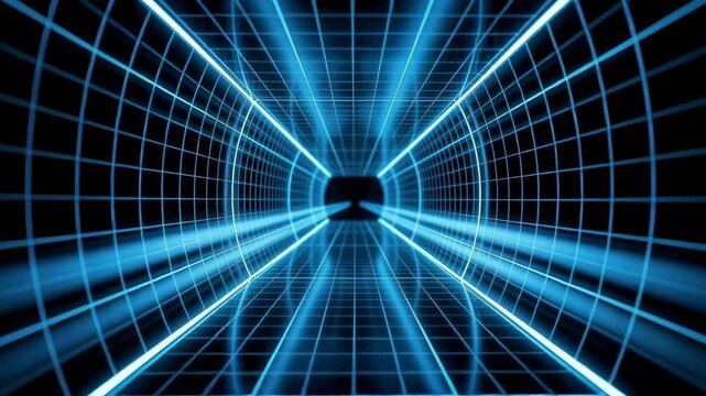 Futuristic blue glowing tunnel with grid lines creating a digital virtual reality effect