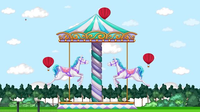 Animated Carousel with Horses and Hot Air Balloons in a Park