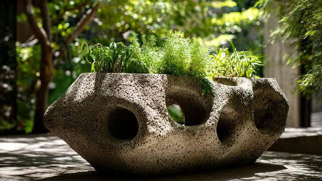 Unique planter with greenery in a serene garden setting