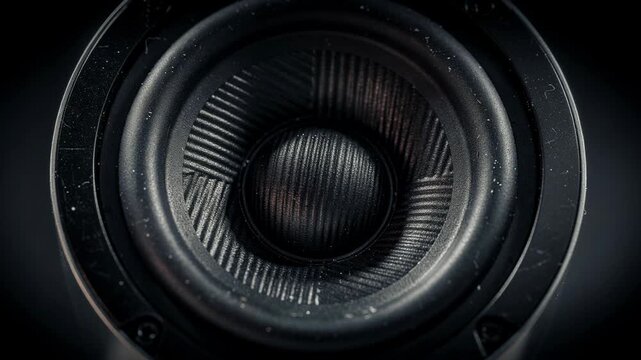 Close-up detailed view of a black audio speaker cone with textured surface and sound diaphragm