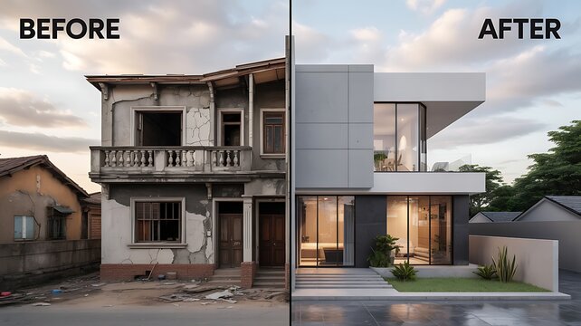 Before and after view of an exterior house renovation from dilapidated to modern and stylish