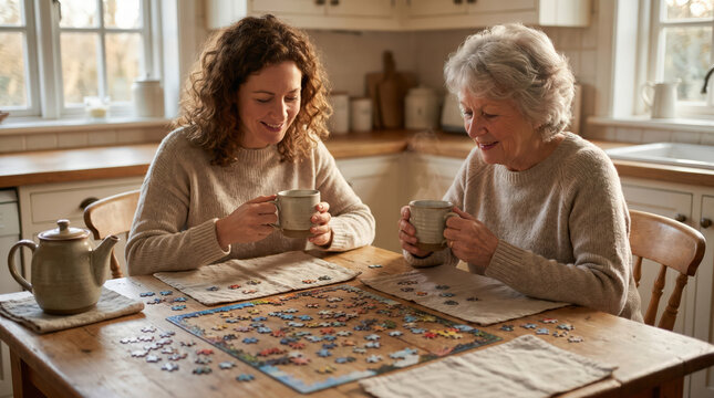Mature woman plus senior woman sharing warm tea beside jigsaw puzzle at kitchen table smiling together cozy home connection memory care leisure retirement bonding scene wellbeing family ritual