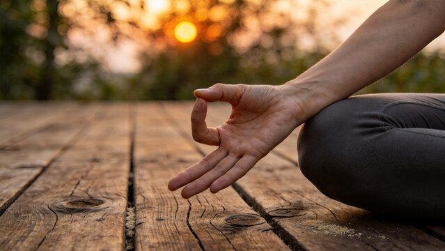 Woman practicing yoga meditation pose on wooden deck at sunset, mindfulness and relaxation concept, spiritual balance and inner peace, healthy lifestyle activity, nature