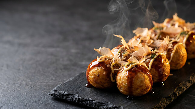 Banner Iklan Takoyaki Jepang Modern Gelap untuk Promosi Restoran Premium