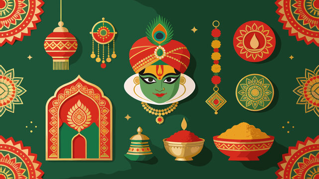 Vibrant Indian cultural elements and decorations, including a depiction of Lord Krishna, festive lanterns, and traditional motifs, set against a deep green background.
