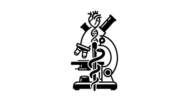 Medical microscope lab science symbol logo.