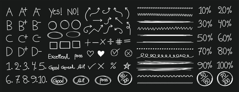 Hand drawn exam grades set. English test doodle exam marks. Teacher red marker grades. School testing, examination chalk grades. Homework Score Hand Drawn Chalk Vector Emphasis Scribble Style Symbols.