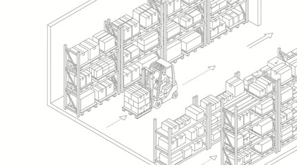 Fototapeta premium Isometric illustration of a warehouse interior with a forklift moving pallets between tall shelves stacked with boxes, depicting logistics and storage operations.
