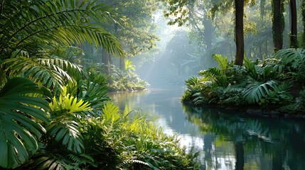 Fototapeta premium Sunlit tropical rainforest with clear river, misty primeval forest natural landscape