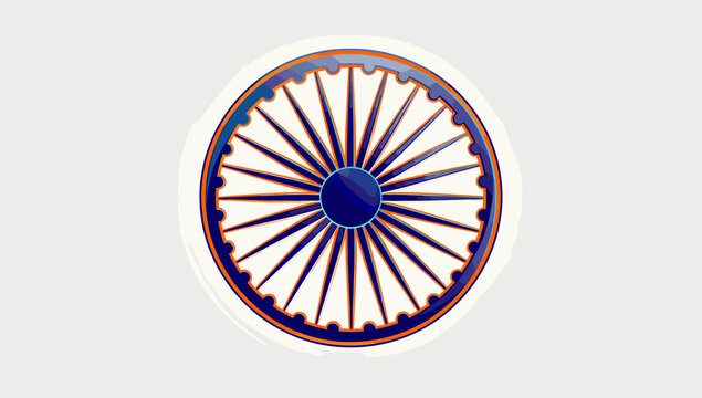 Detailed illustration of the Ashoka Chakra, a blue wheel with 24 spokes, symbolizing dharma and progress, often seen on the Indian flag.