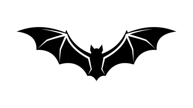 A minimalist black silhouette of a bat in flight with outstretched wings against a white background in a modern artistic style for Halloween or nocturnal wildlife themes