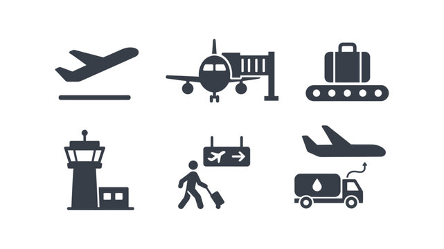 Professional airport service icon set featuring airplane takeoff baggage carousel control tower and passenger boarding signs