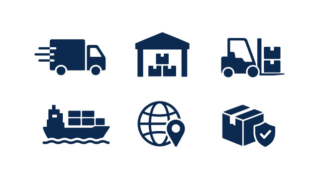 Global shipping and transportation icon set featuring freight truck storage facility cargo vessel and package tracking