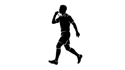 Obraz premium Silhouette of a male athlete running while talking on the phone in a minimalist, monochromatic style, conveying action and fitness in a simple, graphic context