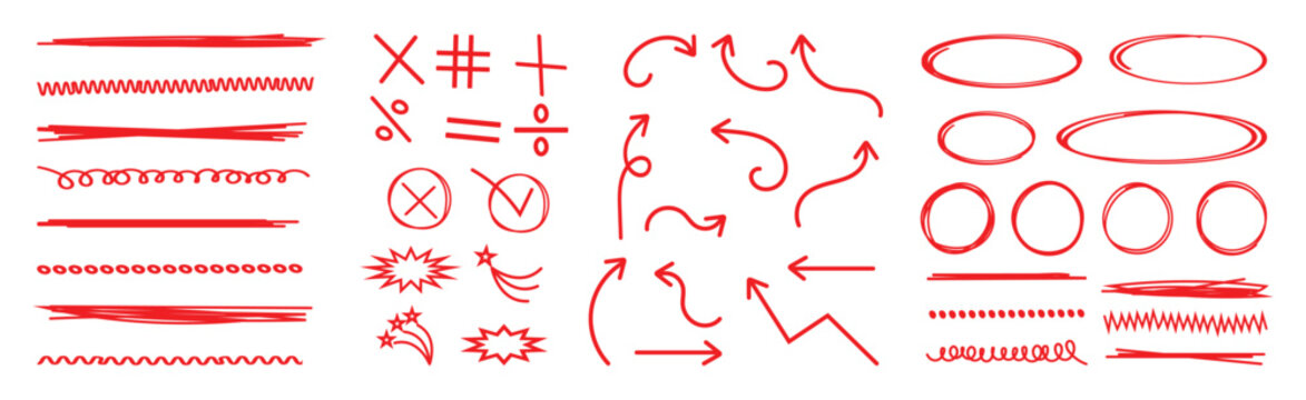 Line marker highlight,arrow,check mark red set. Arrow,circle,underline marker pen.Line red marker hand drawn pen brush stroke underline check.Star oval sticker sign note scribble emphasis icon element