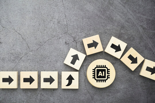 Arrow blocks diverting around AI symbol, representing avoidance of AI adoption, indirect adaptation, hesitation toward technology, and resistance to digital transformation