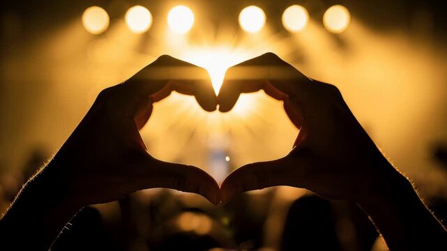 Silhouette of hands forming heart shape with glowing stage lights at live concert or event
