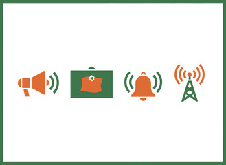 Fototapeta premium Emergency Communication and Alert Icon Set with Megaphone Bell First Aid Kit and Radio Tower